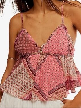 Free People Pink Patchwork Spaghetti-Strap Cami